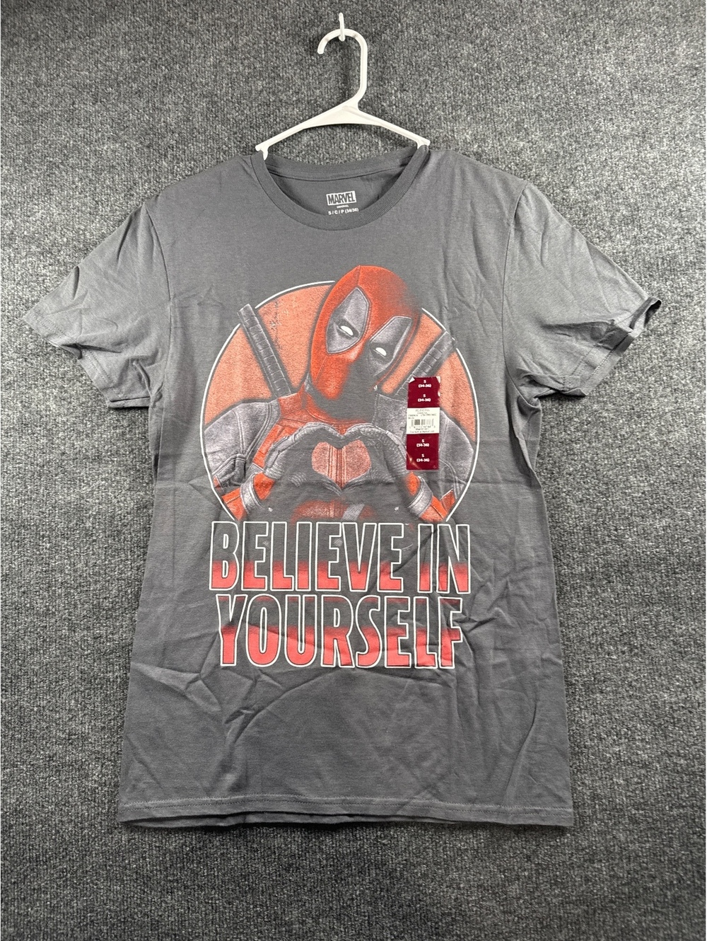 Marvel Deadpool Believe In Yourself Graphic T Shirt Gray Mens S 34/36